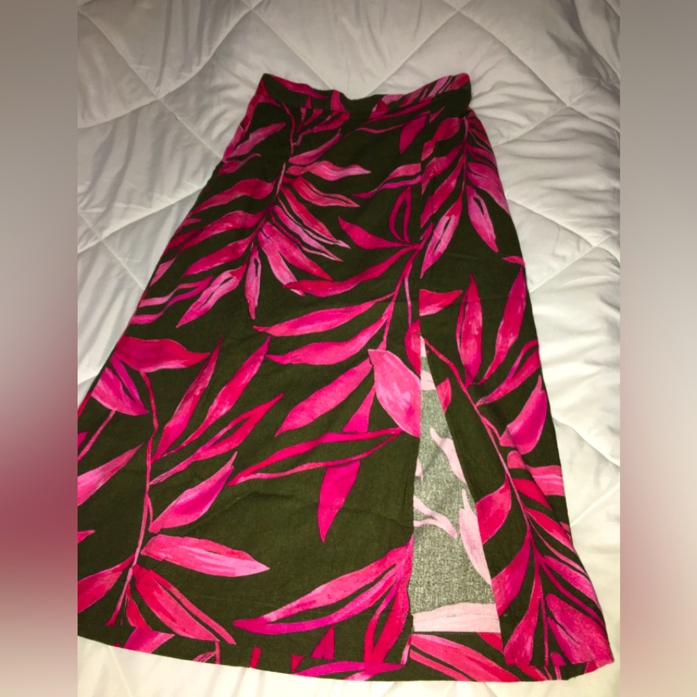 Tropical Pink and black Linen blend Women's Skirt with Pockets